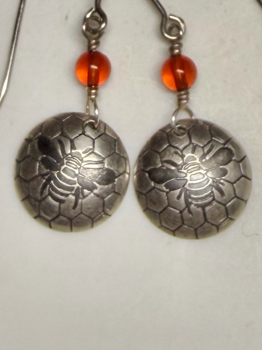 Silver Bee Disc Earrings with Orange Bead Accent - 3/8”